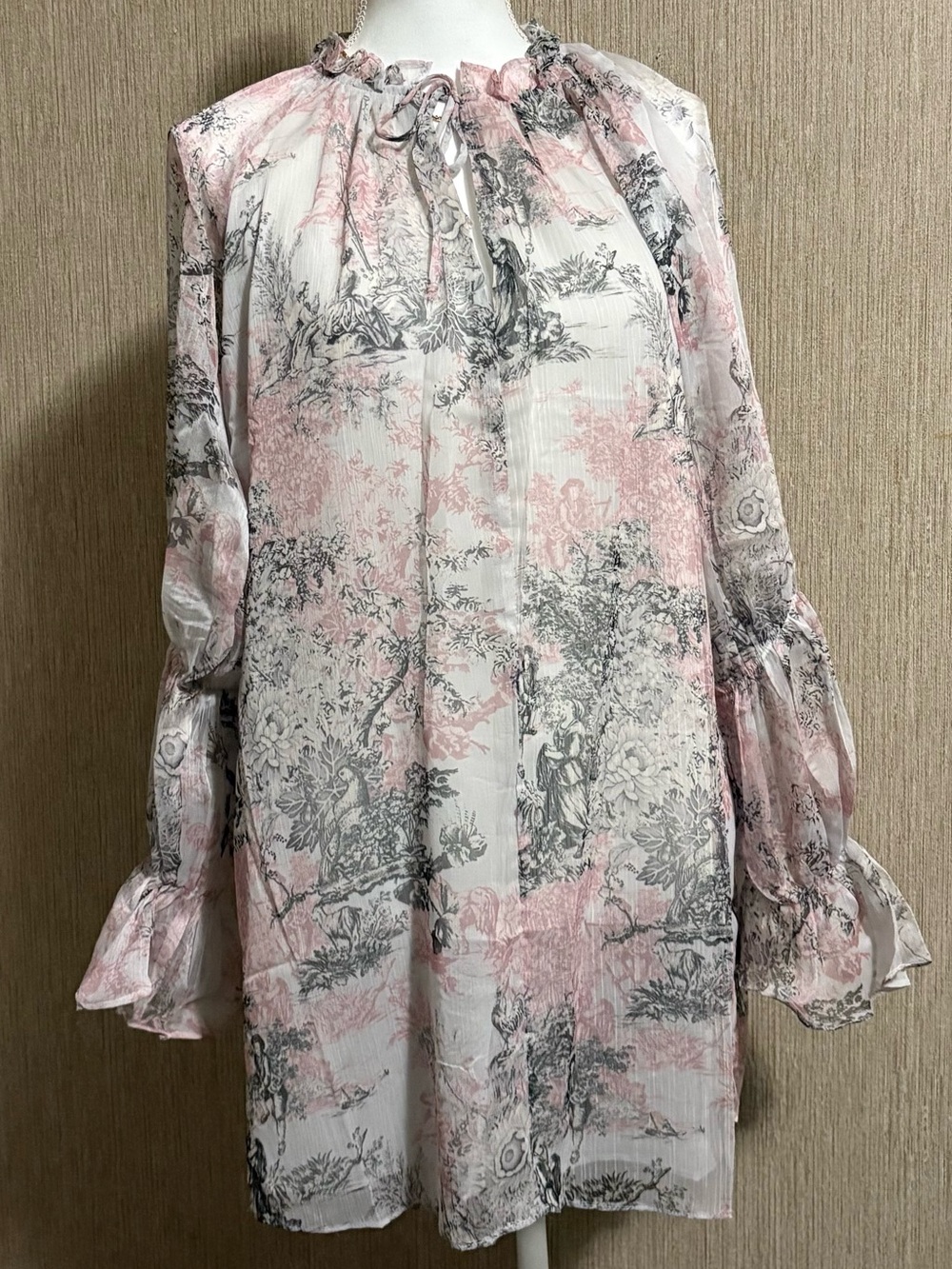 Olivaceous Pink and Gray Toile Sheer Long Sleeve Dress